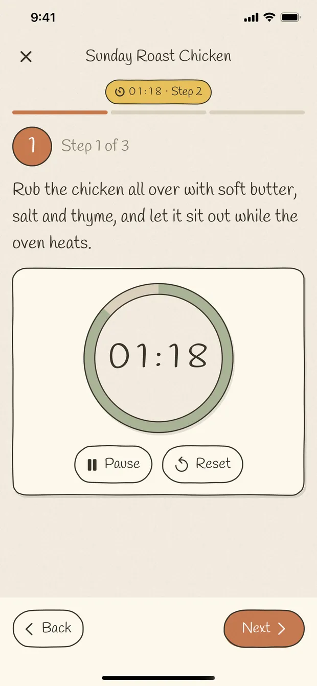 Full-screen cook mode showing step 1 of 3 with a large countdown timer at one minute eighteen.
