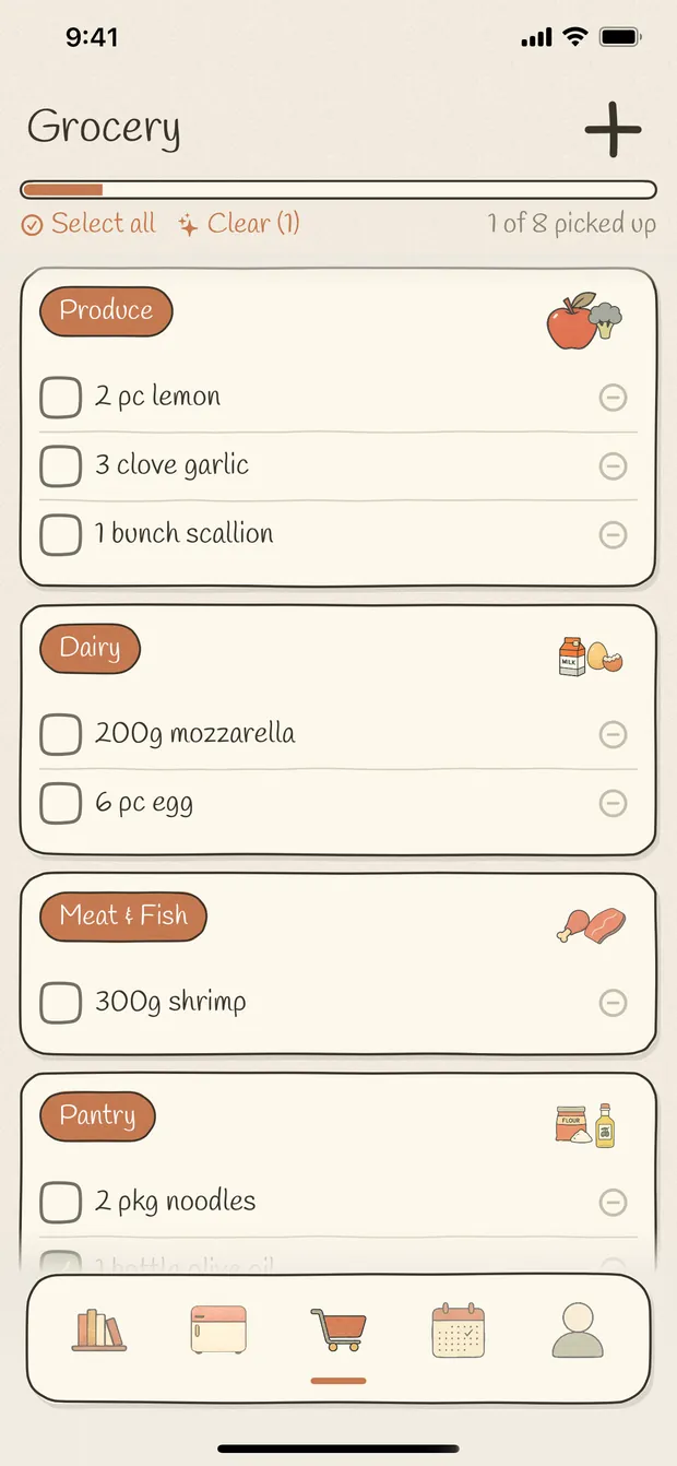 A grocery list with checkboxes, grouped into Produce, Dairy, Meat and Fish, and Pantry.