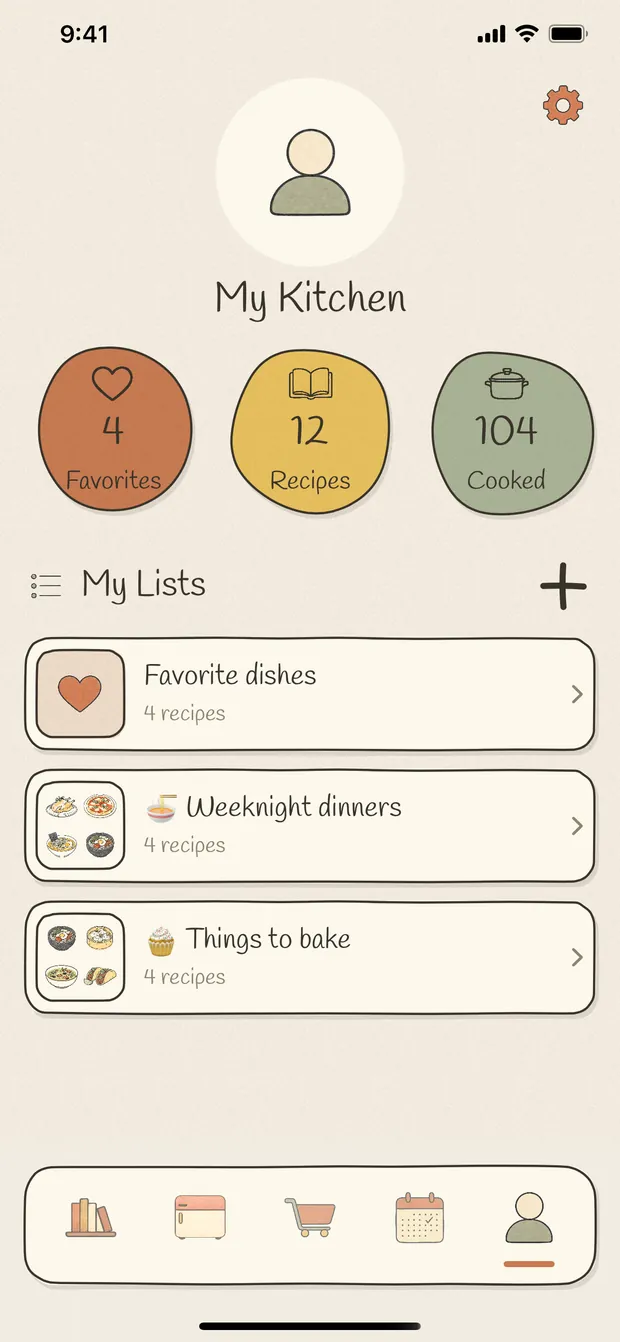 A personal page counting favourites, recipes and cooks, above a set of recipe lists.