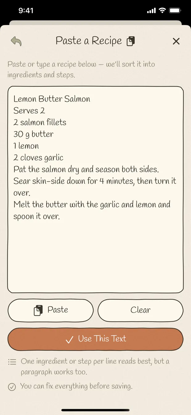 A block of pasted recipe text, with a Use This Text button underneath it.